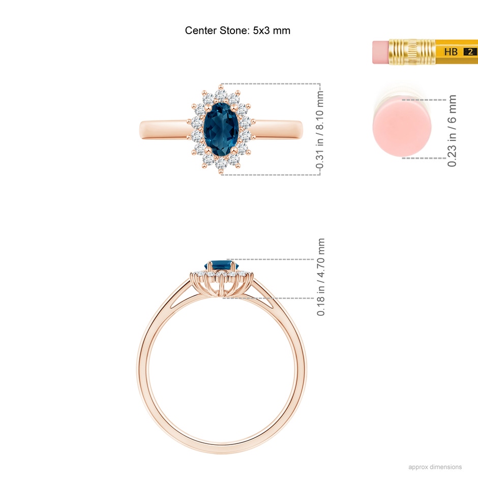 5x3mm AAAA Princess Diana Inspired London Blue Topaz Ring with Halo in Rose Gold ruler