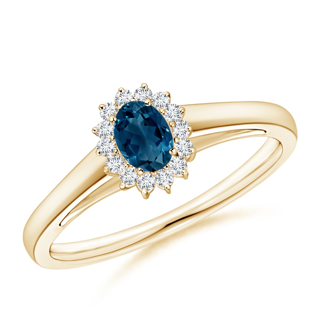 5x3mm AAAA Princess Diana Inspired London Blue Topaz Ring with Halo in Yellow Gold