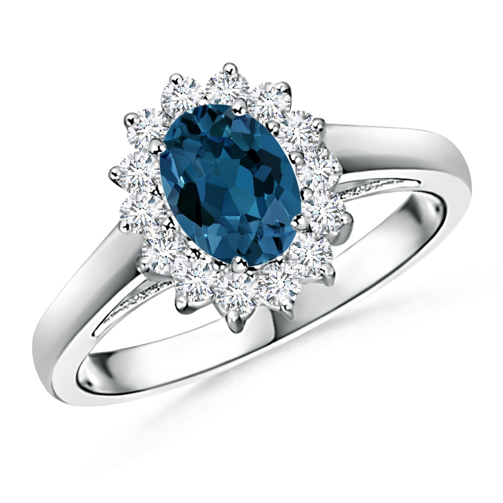 7x5mm AAA Princess Diana Inspired London Blue Topaz Ring with Halo in 10K White Gold