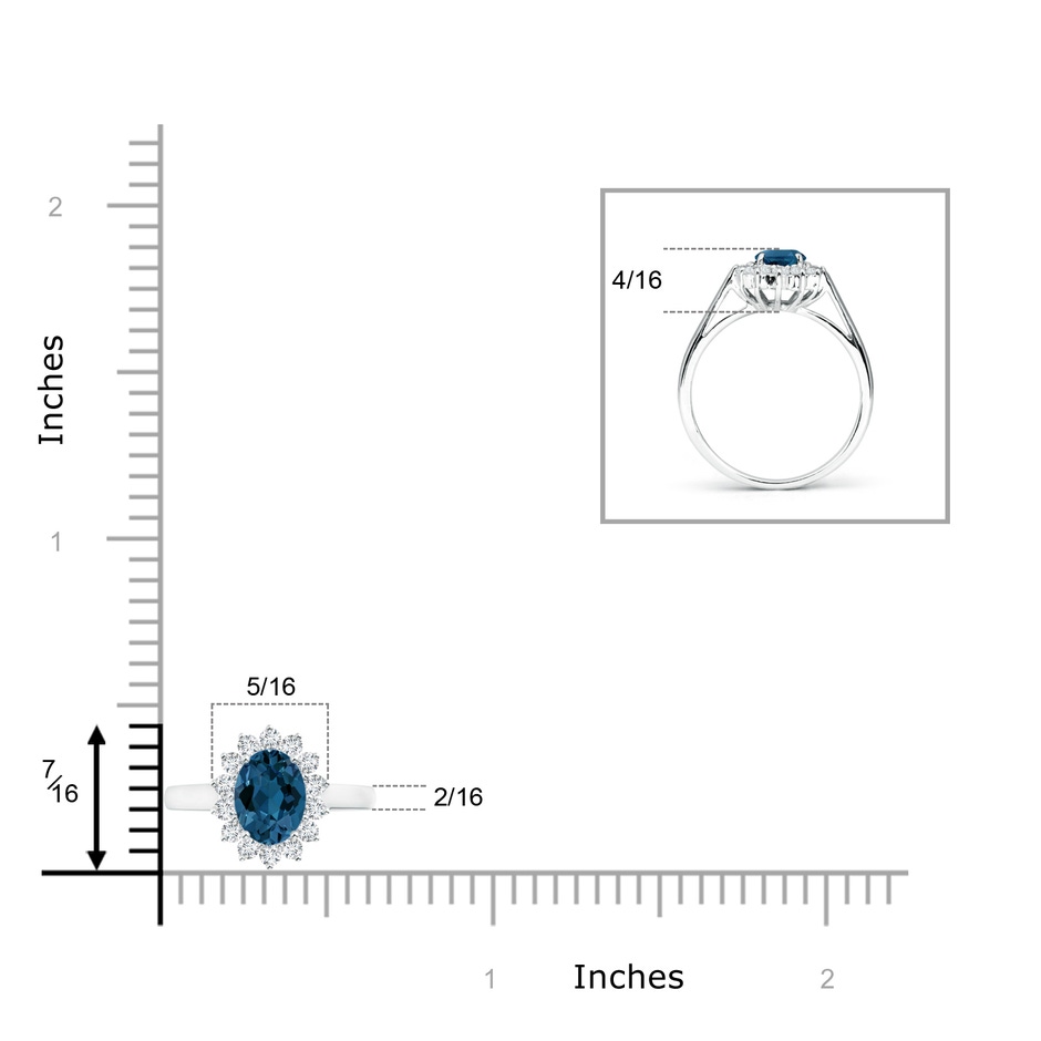 7x5mm AAA Princess Diana Inspired London Blue Topaz Ring with Halo in 10K White Gold ruler