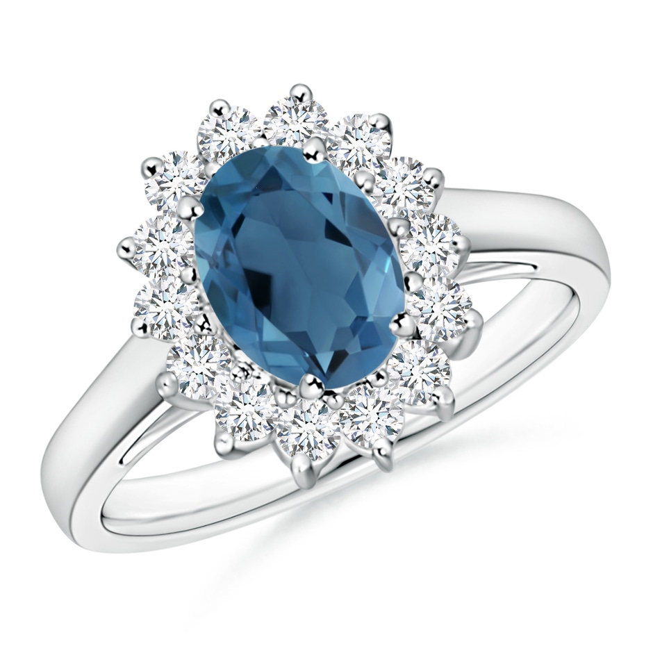 8x6mm A Princess Diana Inspired London Blue Topaz Ring with Halo in White Gold 
