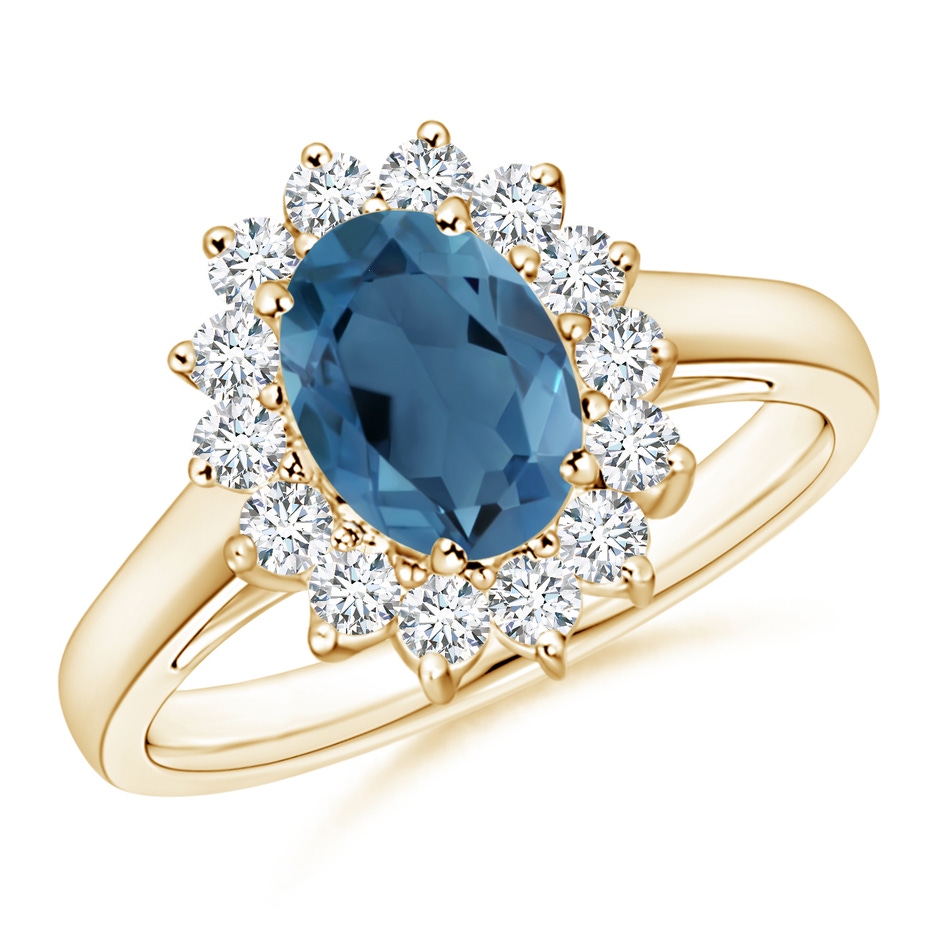 8x6mm A Princess Diana Inspired London Blue Topaz Ring with Halo in Yellow Gold 