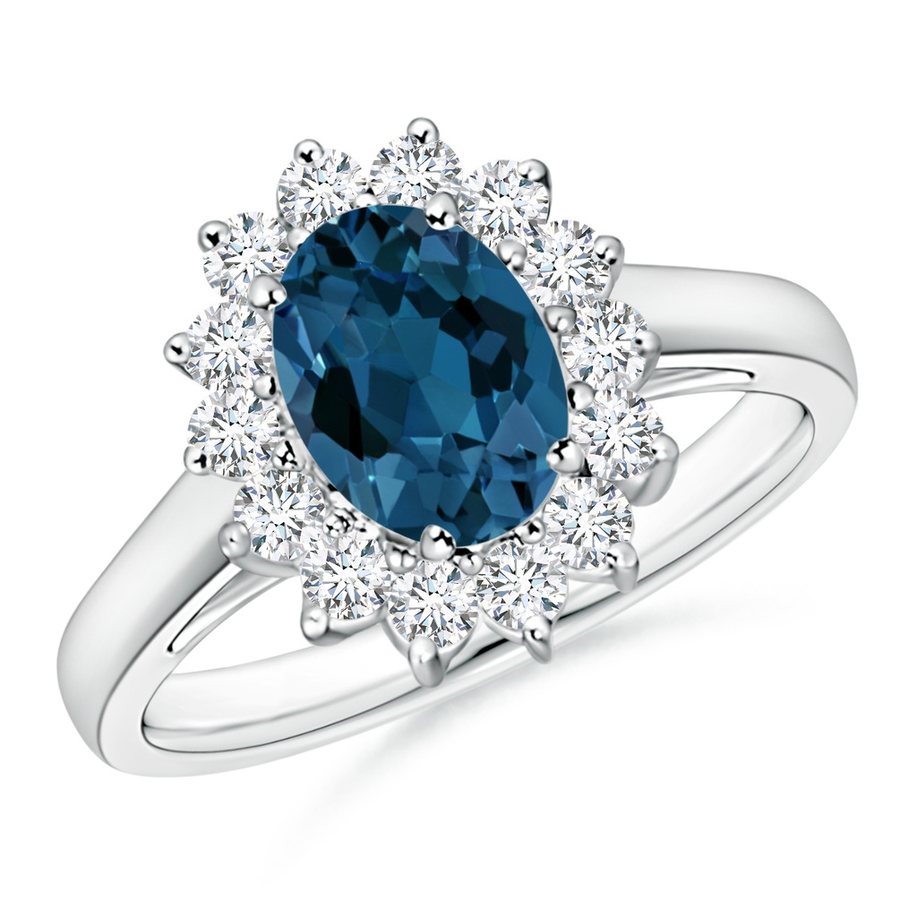 8x6mm AAA Princess Diana Inspired London Blue Topaz Ring with Halo in White Gold