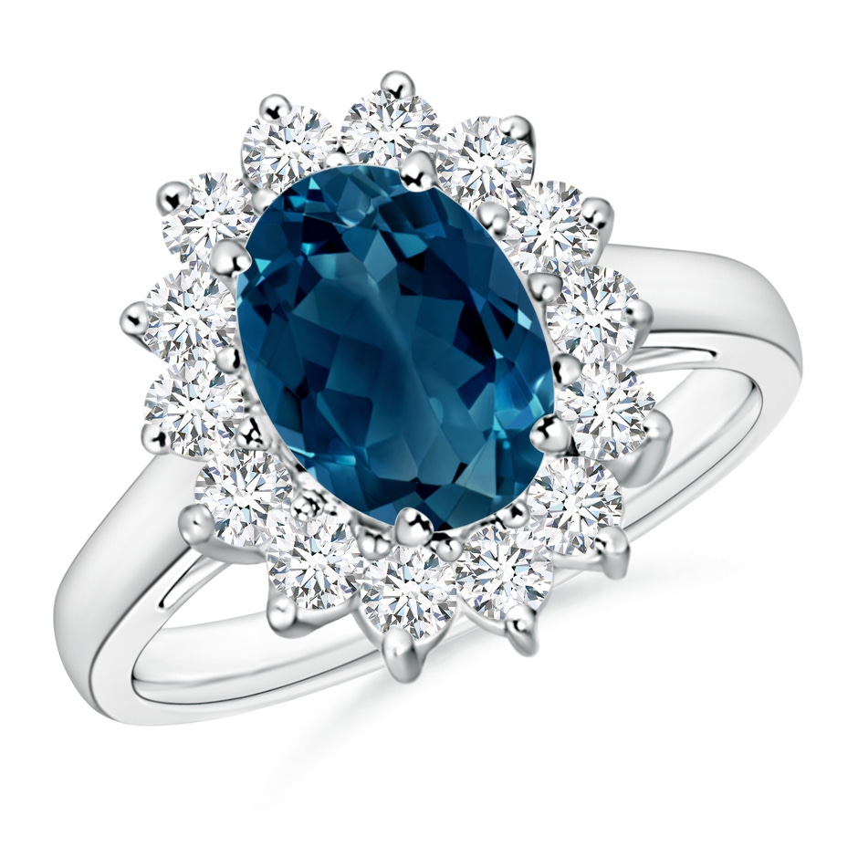 9x7mm AAAA Princess Diana Inspired London Blue Topaz Ring with Halo in P950 Platinum 