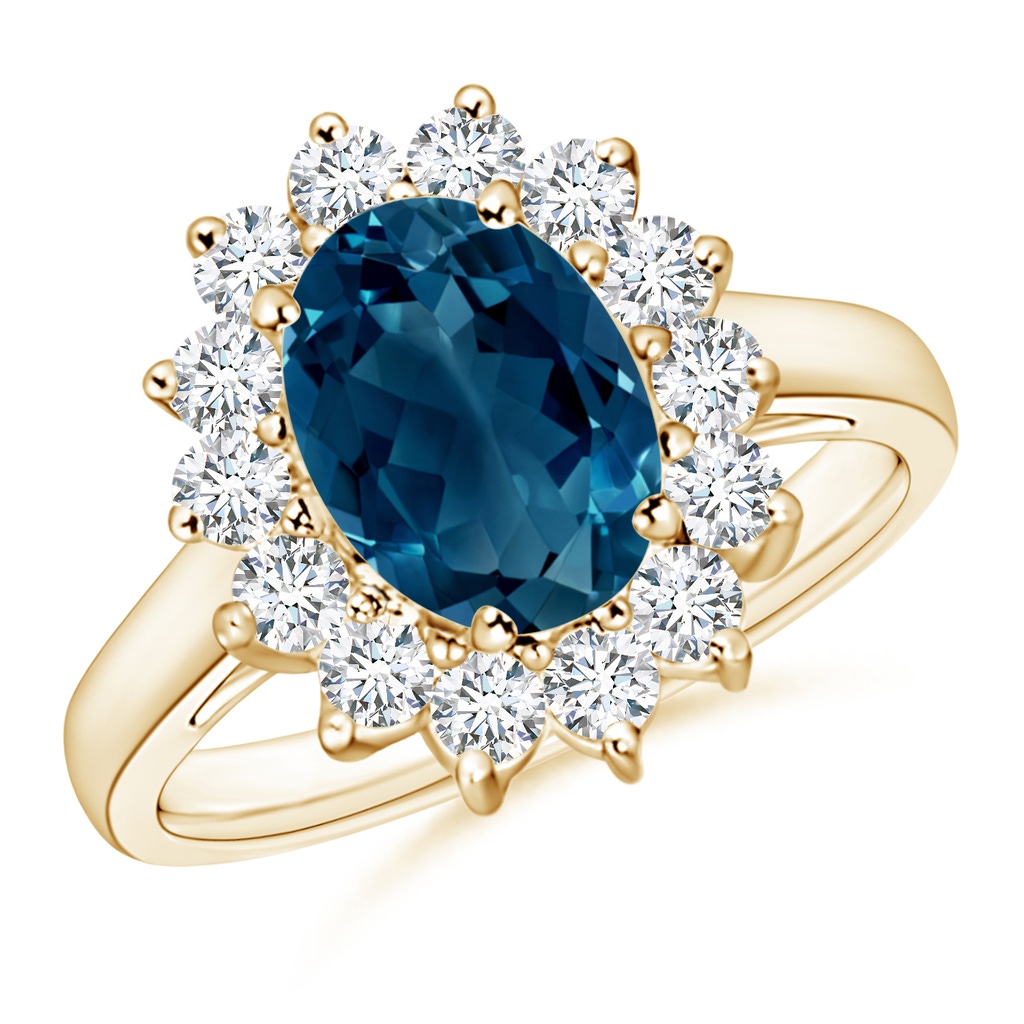 9x7mm AAAA Princess Diana Inspired London Blue Topaz Ring with Halo in Yellow Gold