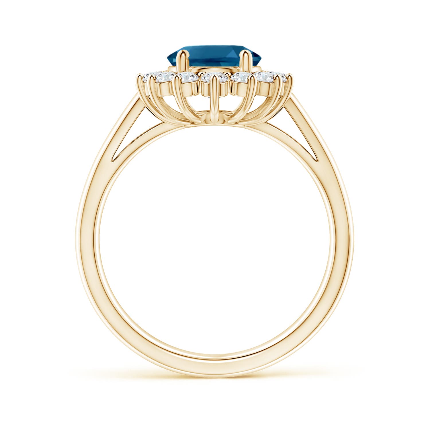 9x7mm AAAA Princess Diana Inspired London Blue Topaz Ring with Halo in Yellow Gold
