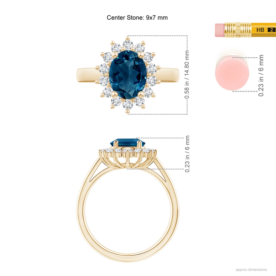 9x7mm AAAA Princess Diana Inspired London Blue Topaz Ring with Halo in Yellow Gold ruler