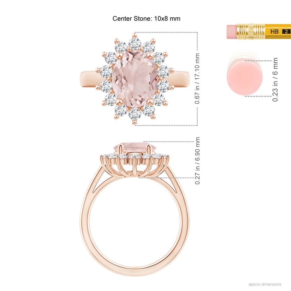 10x8mm A Princess Diana Inspired Morganite Ring with Diamond Halo in Rose Gold ruler