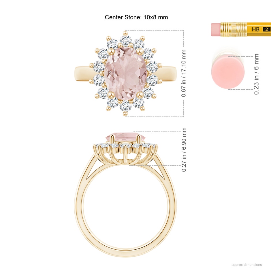 10x8mm A Princess Diana Inspired Morganite Ring with Diamond Halo in Yellow Gold ruler