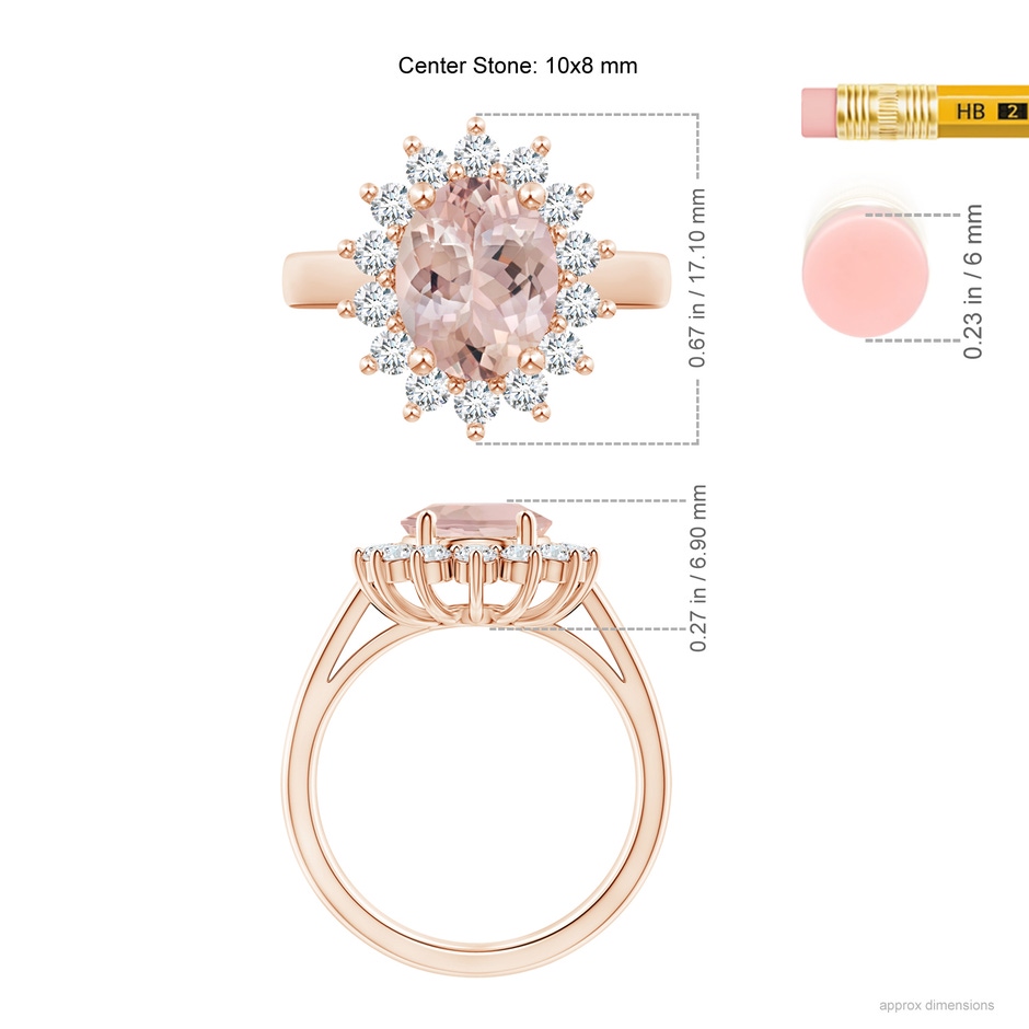 10x8mm AA Princess Diana Inspired Morganite Ring with Diamond Halo in Rose Gold ruler
