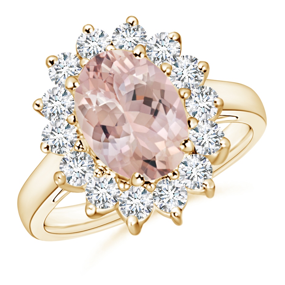 10x8mm AA Princess Diana Inspired Morganite Ring with Diamond Halo in Yellow Gold 