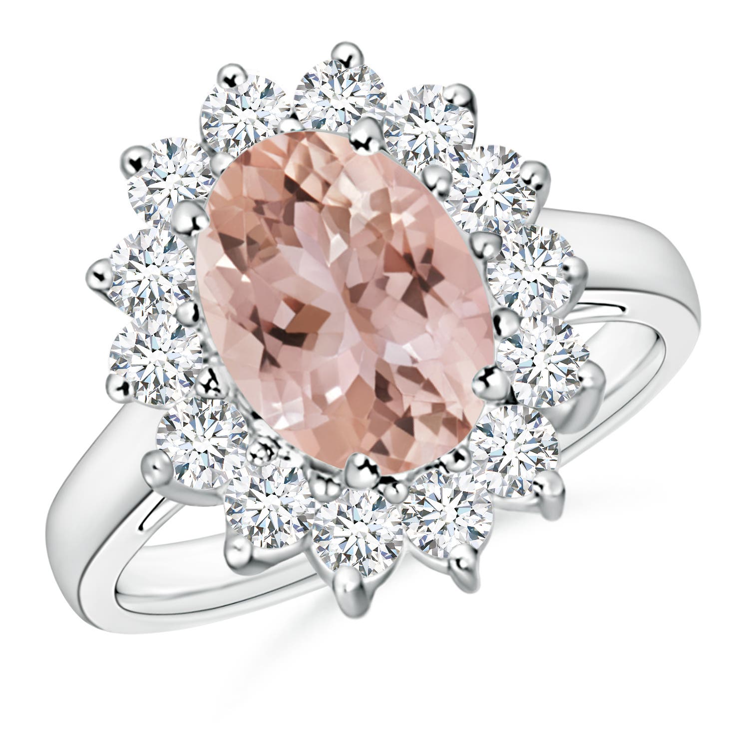 10x8mm AAA Princess Diana Inspired Morganite Ring with Diamond Halo in White Gold