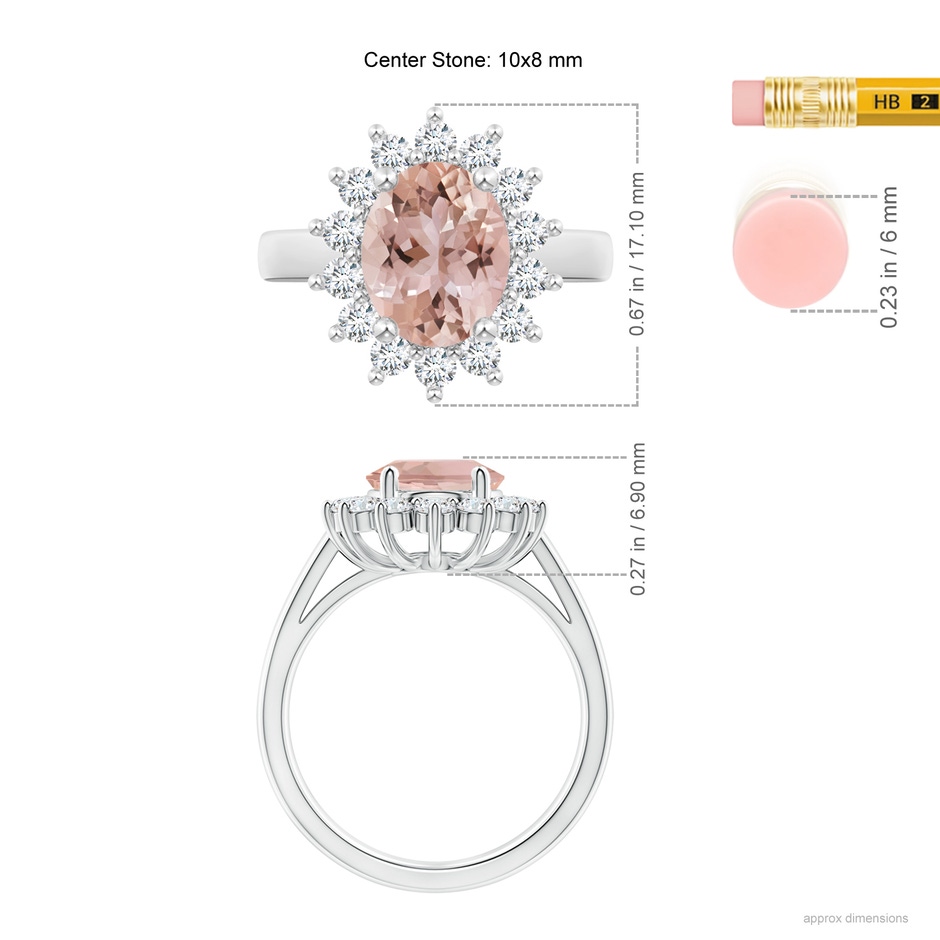 10x8mm AAA Princess Diana Inspired Morganite Ring with Diamond Halo in White Gold ruler