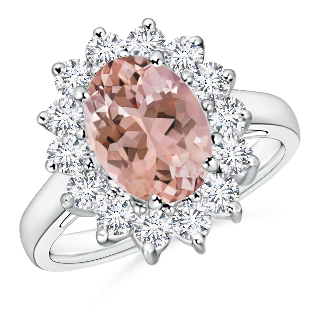 10x8mm AAAA Princess Diana Inspired Morganite Ring with Diamond Halo in White Gold