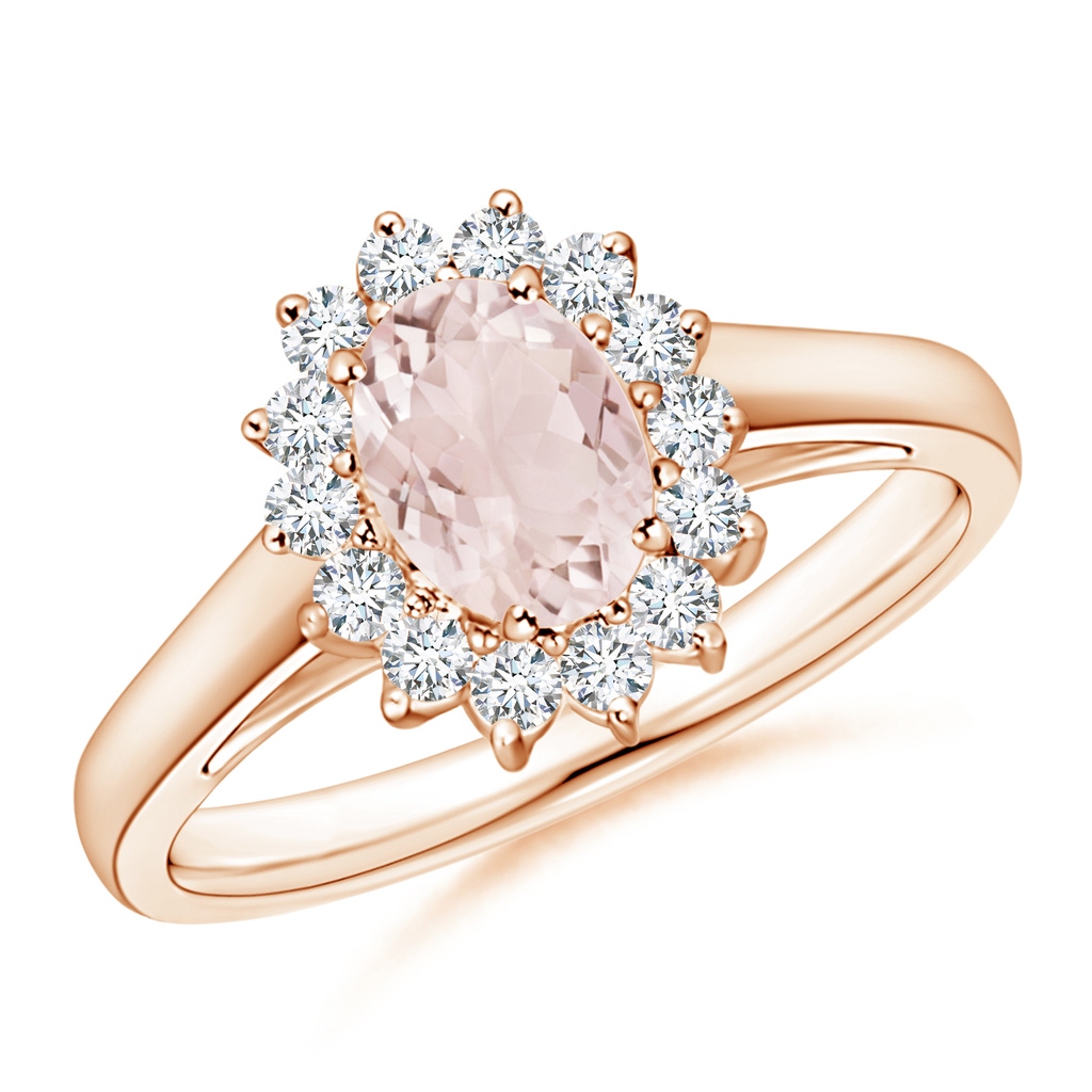 7x5mm A Princess Diana Inspired Morganite Ring with Diamond Halo in 9K Rose Gold