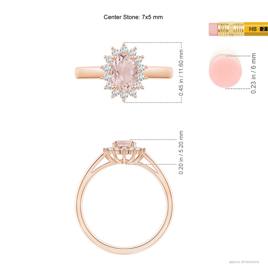 7x5mm A Princess Diana Inspired Morganite Ring with Diamond Halo in 9K Rose Gold ruler