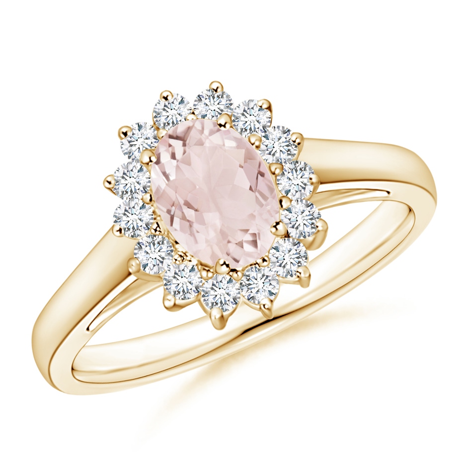 7x5mm A Princess Diana Inspired Morganite Ring with Diamond Halo in Yellow Gold 