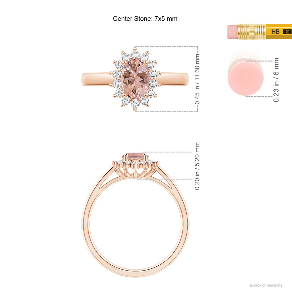 7x5mm AAAA Princess Diana Inspired Morganite Ring with Diamond Halo in 9K Rose Gold ruler