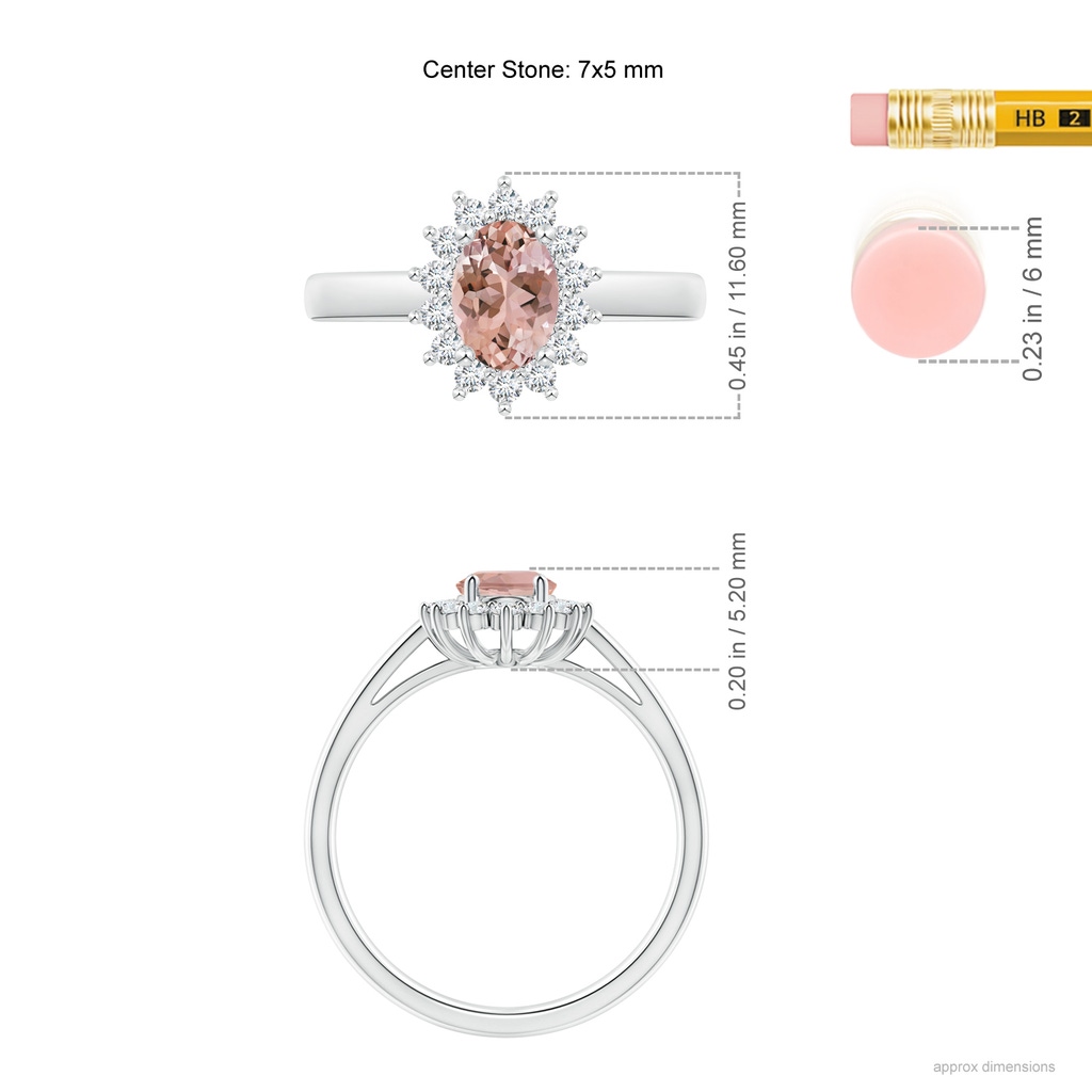 7x5mm AAAA Princess Diana Inspired Morganite Ring with Diamond Halo in P950 Platinum ruler