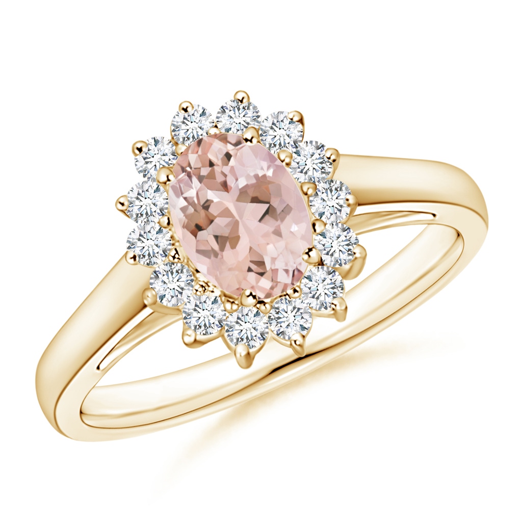 7x5mm AAAA Princess Diana Inspired Morganite Ring with Diamond Halo in Yellow Gold