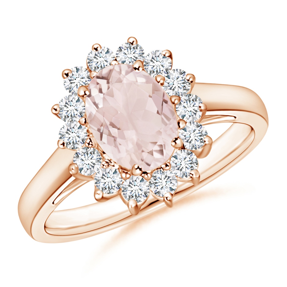 8x6mm A Princess Diana Inspired Morganite Ring with Diamond Halo in 10K Rose Gold 