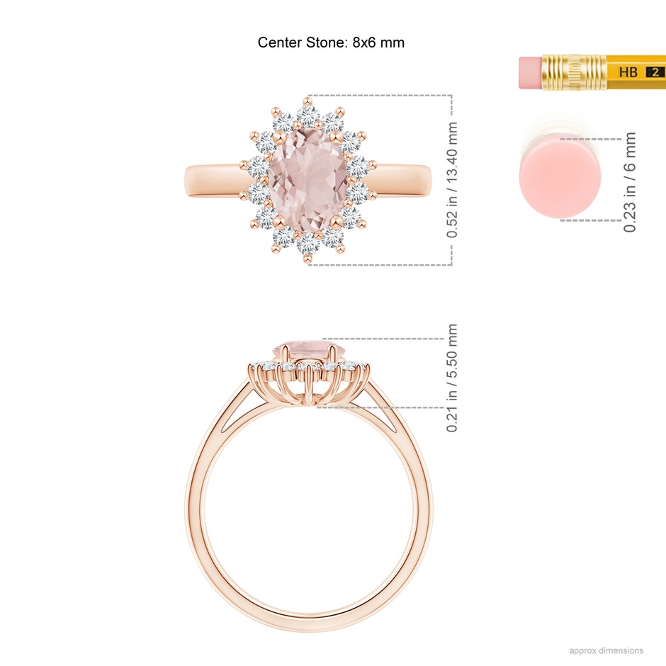 8x6mm A Princess Diana Inspired Morganite Ring with Diamond Halo in 10K Rose Gold ruler