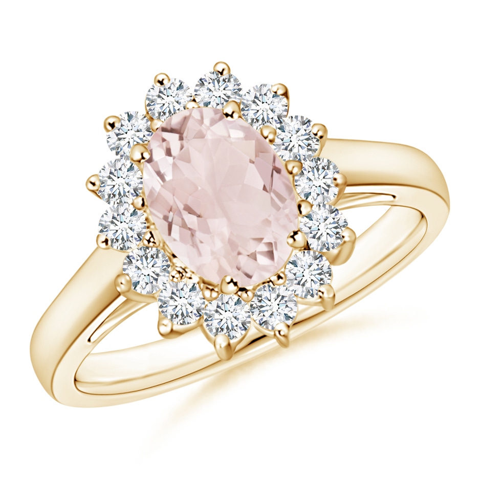 8x6mm A Princess Diana Inspired Morganite Ring with Diamond Halo in 10K Yellow Gold 