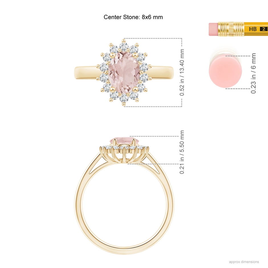 8x6mm A Princess Diana Inspired Morganite Ring with Diamond Halo in 10K Yellow Gold ruler