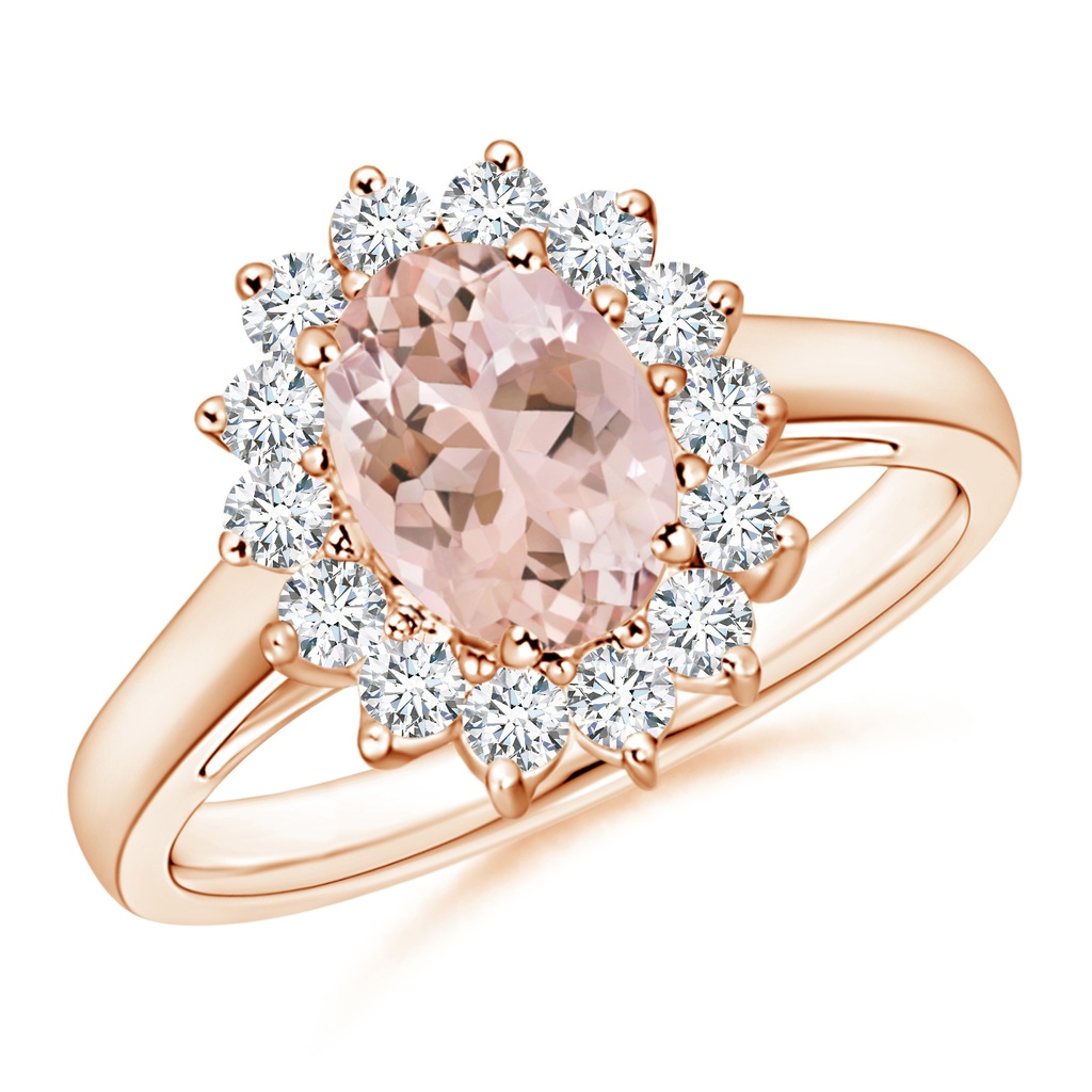 8x6mm AAAA Princess Diana Inspired Morganite Ring with Diamond Halo in Rose Gold
