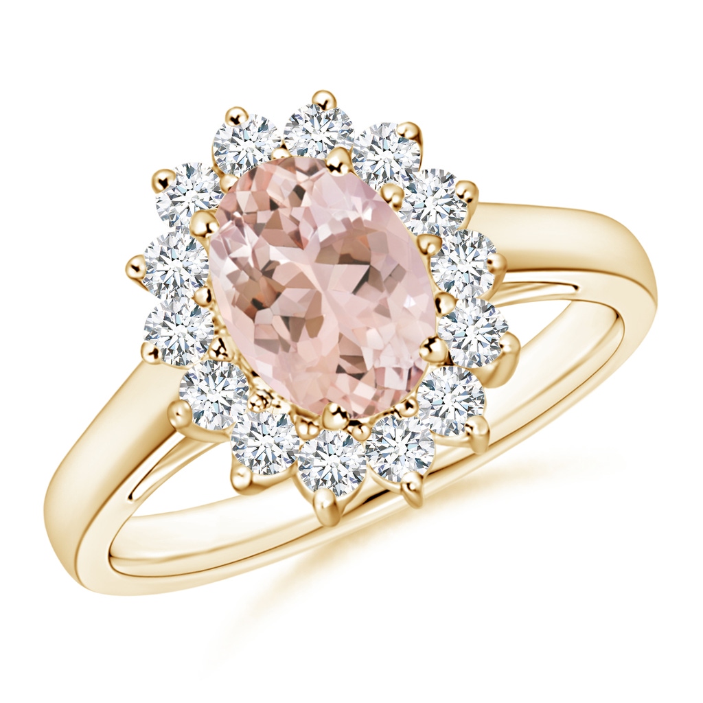 8x6mm AAAA Princess Diana Inspired Morganite Ring with Diamond Halo in Yellow Gold