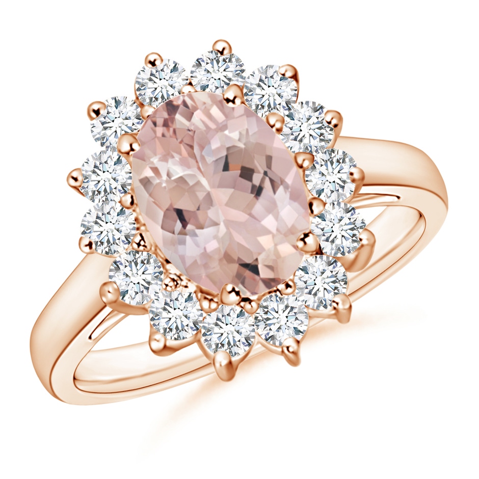 9x7mm AA Princess Diana Inspired Morganite Ring with Diamond Halo in Rose Gold 