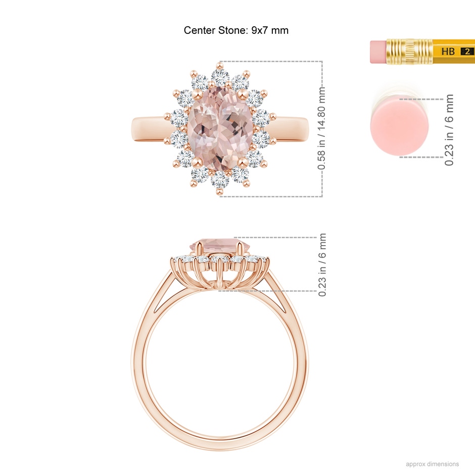 9x7mm AA Princess Diana Inspired Morganite Ring with Diamond Halo in Rose Gold ruler