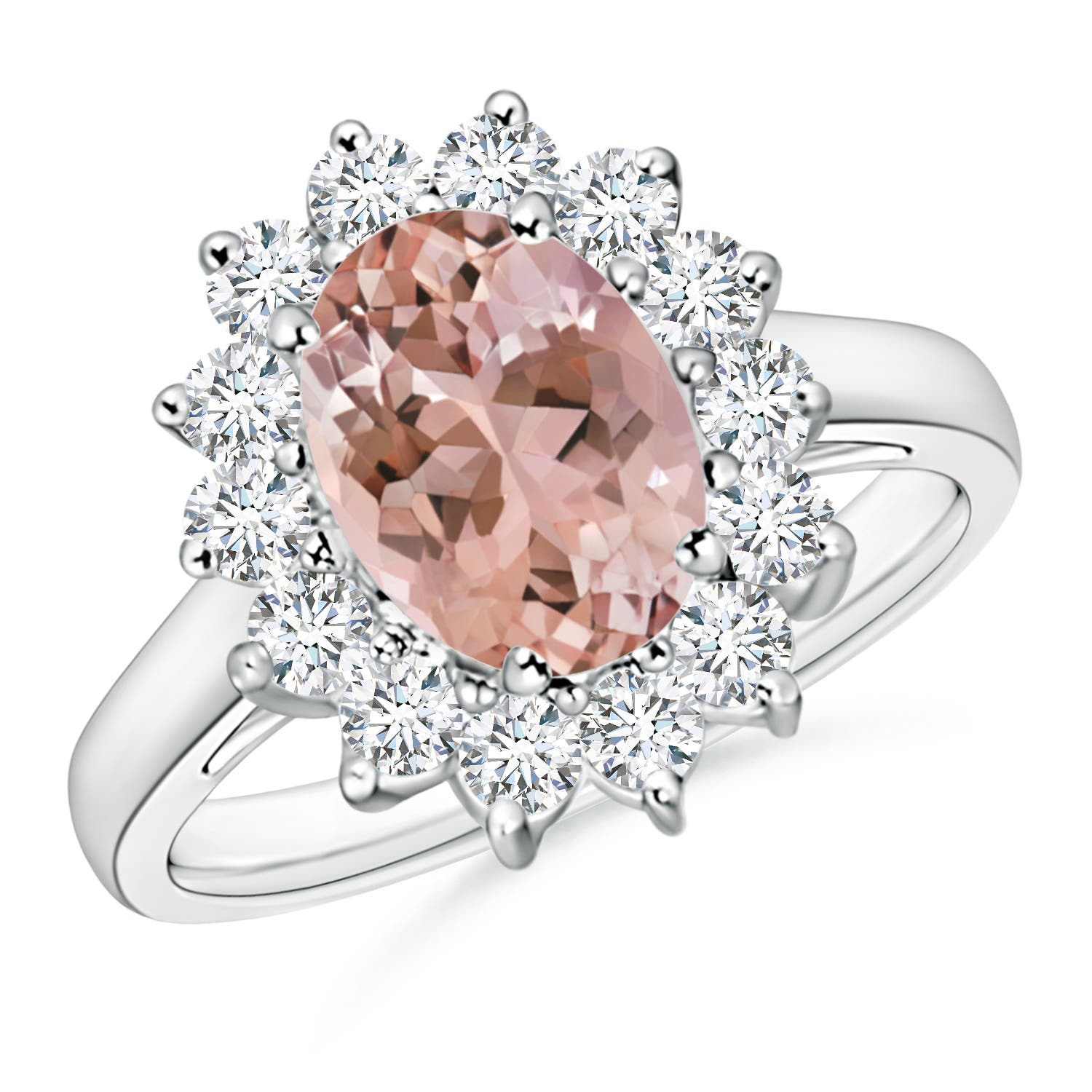 9x7mm AAAA Princess Diana Inspired Morganite Ring with Diamond Halo in P950 Platinum