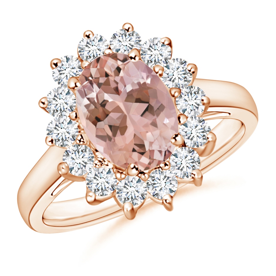 9x7mm AAAA Princess Diana Inspired Morganite Ring with Diamond Halo in Rose Gold 