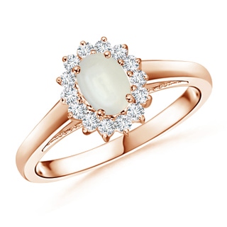 6x4mm AAAA Princess Diana Inspired Moonstone Ring with Diamond Halo in 9K Rose Gold