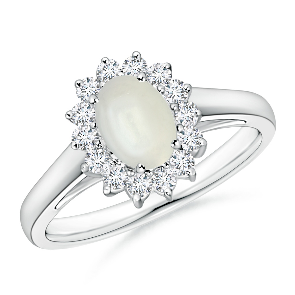 7x5mm AAAA Princess Diana Inspired Moonstone Ring with Diamond Halo in White Gold