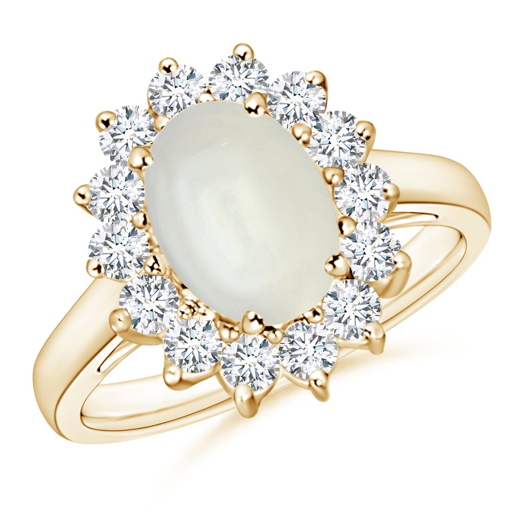 9x7mm AAAA Princess Diana Inspired Moonstone Ring with Diamond Halo in Yellow Gold