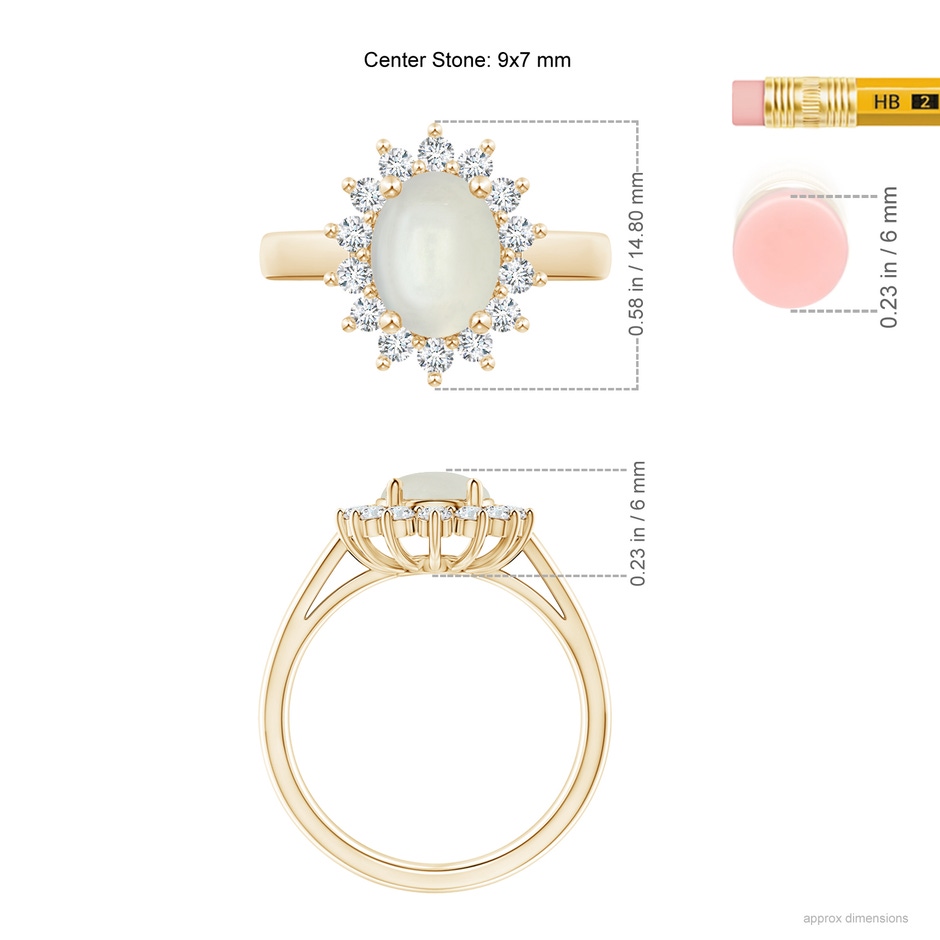 9x7mm AAAA Princess Diana Inspired Moonstone Ring with Diamond Halo in Yellow Gold ruler