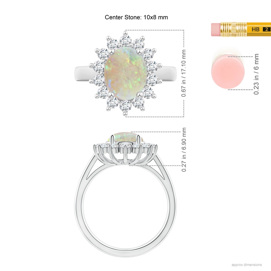 10x8mm AAA Princess Diana Inspired Opal Ring with Diamond Halo in White Gold ruler
