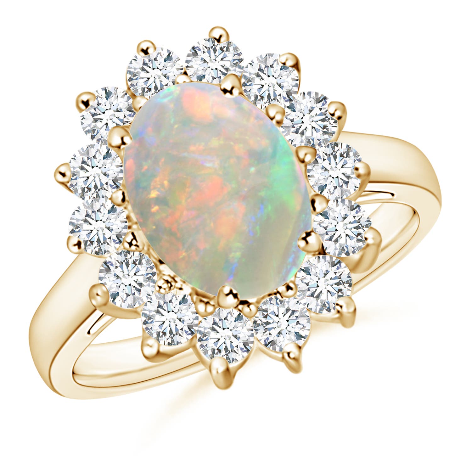 10x8mm AAAA Princess Diana Inspired Opal Ring with Diamond Halo in 18K Yellow Gold