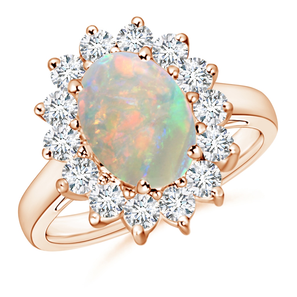 10x8mm AAAA Princess Diana Inspired Opal Ring with Diamond Halo in Rose Gold