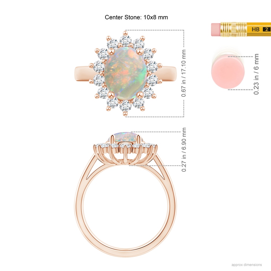 10x8mm AAAA Princess Diana Inspired Opal Ring with Diamond Halo in Rose Gold ruler