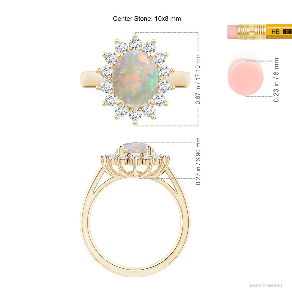 10x8mm AAAA Princess Diana Inspired Opal Ring with Diamond Halo in Yellow Gold ruler