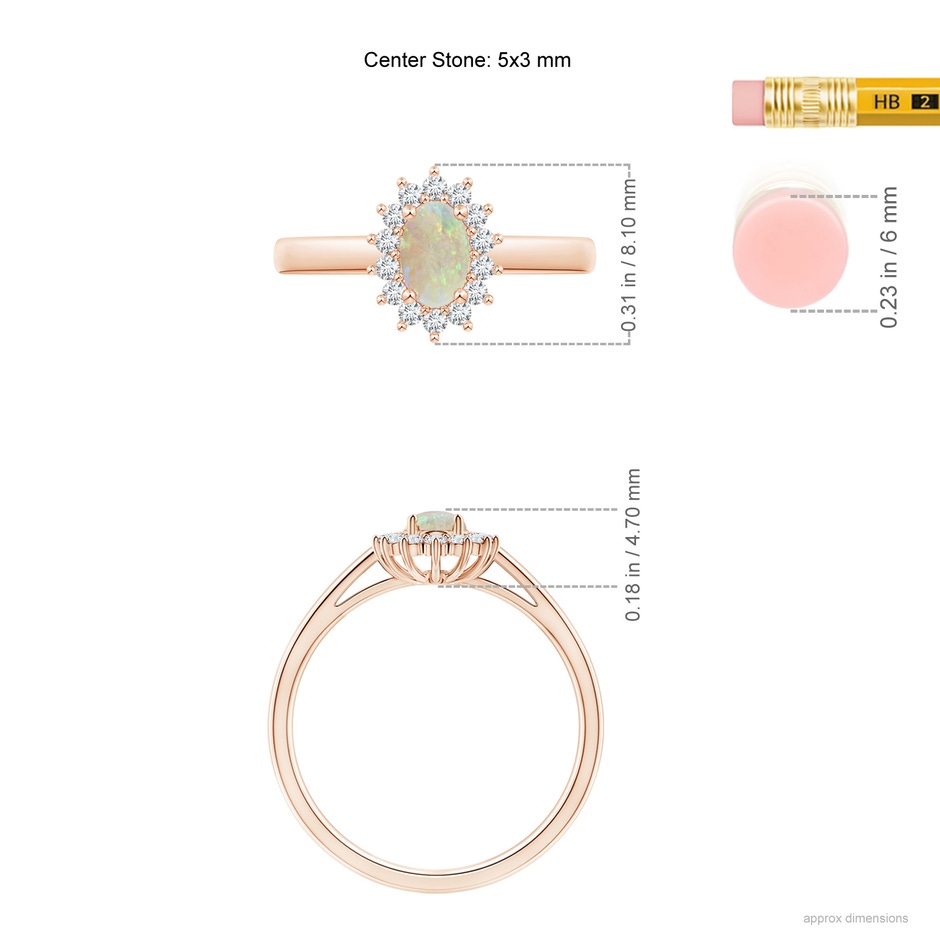 5x3mm AAA Princess Diana Inspired Opal Ring with Diamond Halo in 9K Rose Gold ruler