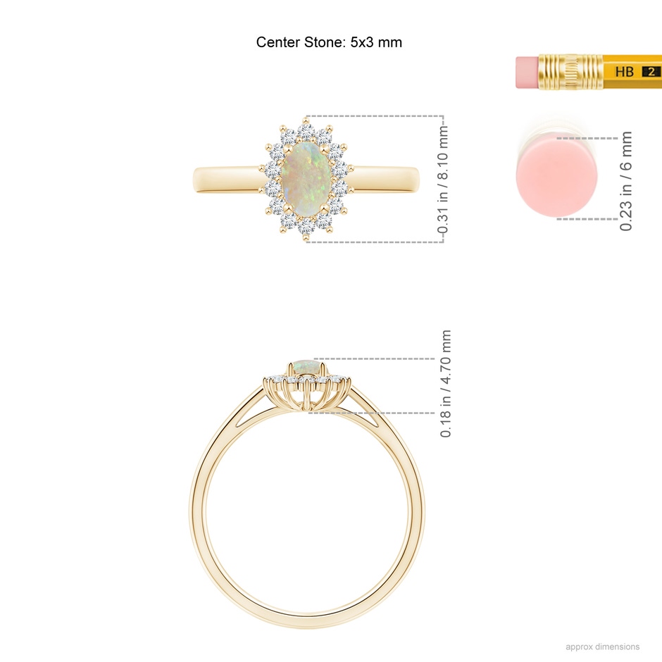 5x3mm AAA Princess Diana Inspired Opal Ring with Diamond Halo in Yellow Gold ruler