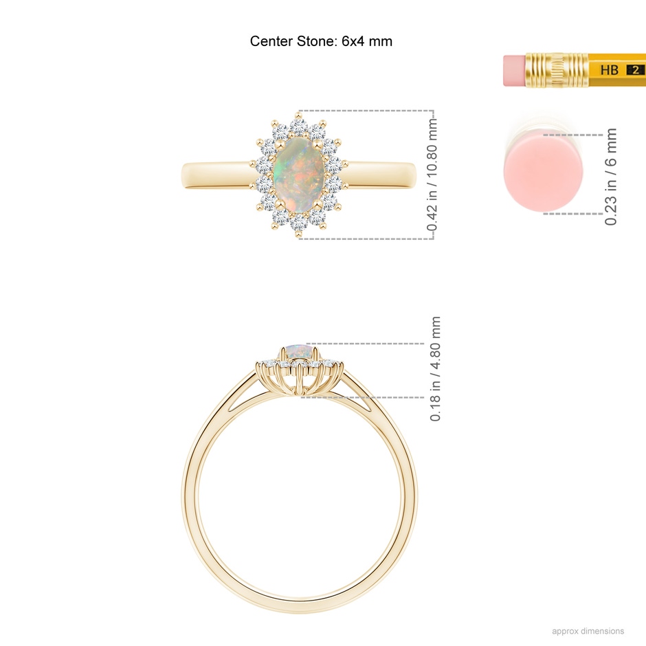 6x4mm AAAA Princess Diana Inspired Opal Ring with Diamond Halo in 9K Yellow Gold ruler