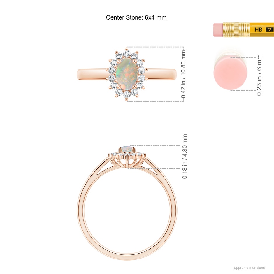 6x4mm AAAA Princess Diana Inspired Opal Ring with Diamond Halo in Rose Gold ruler