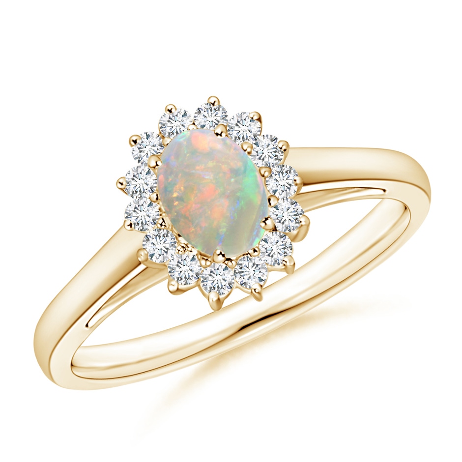 6x4mm AAAA Princess Diana Inspired Opal Ring with Diamond Halo in Yellow Gold 