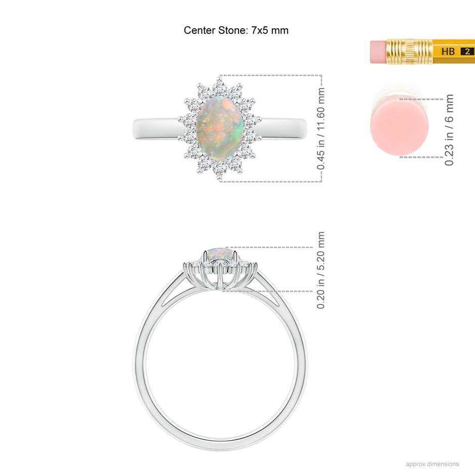 7x5mm AAAA Princess Diana Inspired Opal Ring with Diamond Halo in P950 Platinum ruler