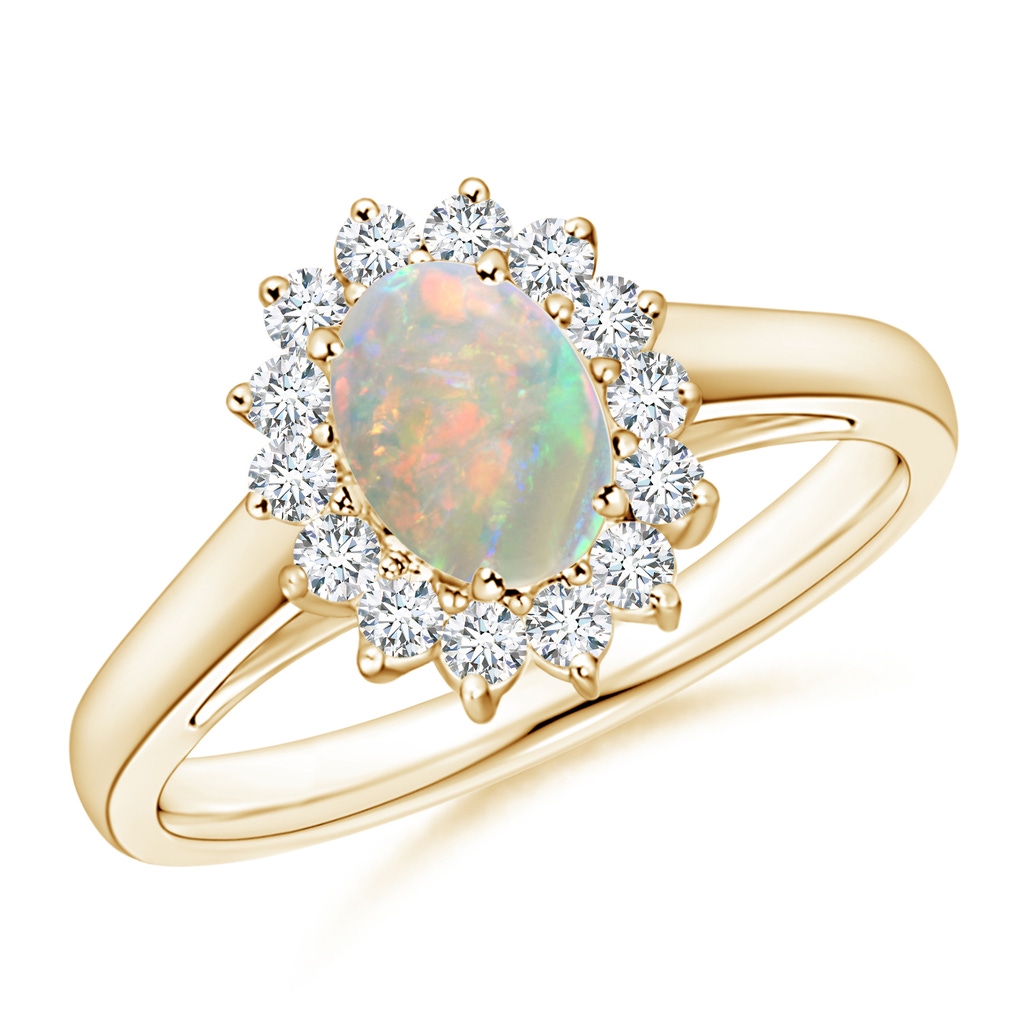 7x5mm AAAA Princess Diana Inspired Opal Ring with Diamond Halo in Yellow Gold